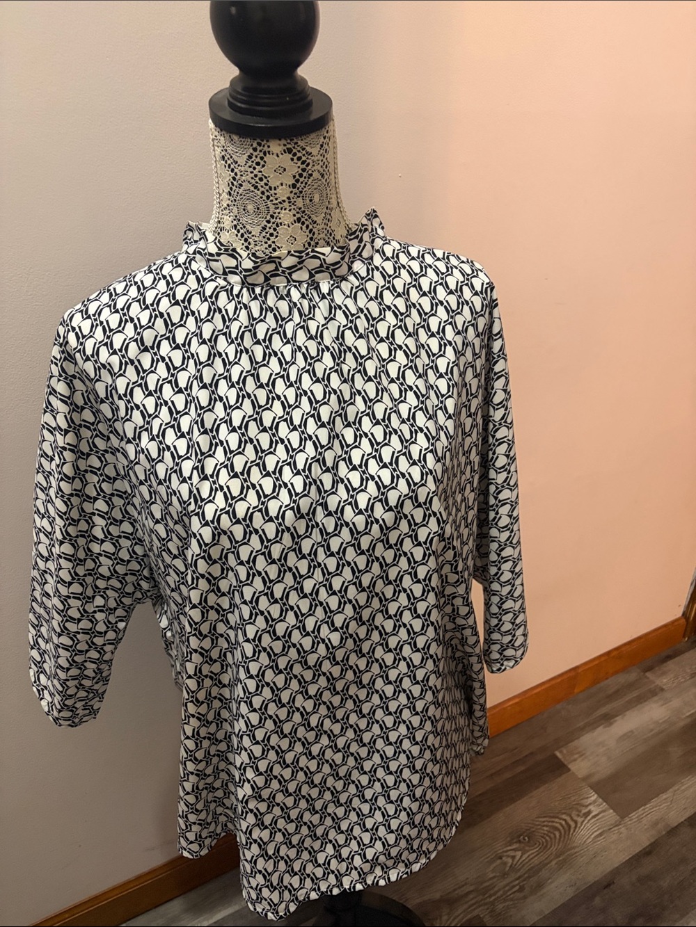 Navy & White Geometric Mock Neck Blouse